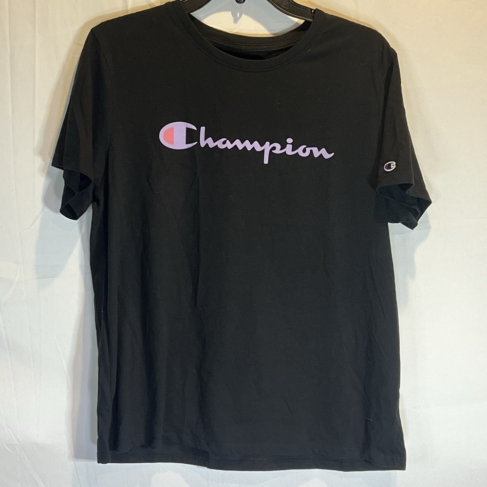 Women's Black Large Champion Shirt‎ With Purple Logo Athletic Sporty Workout